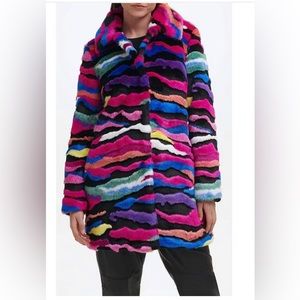 NWT Karl Lagerfeld Paris Faux Fur Single Breasted Rainbow Zebra Coat Size XL